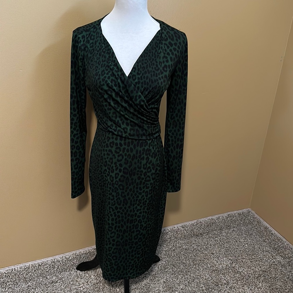 MICHAEL Kors Dark Green Leopard Print Midi Dress - Picture 1 of 5